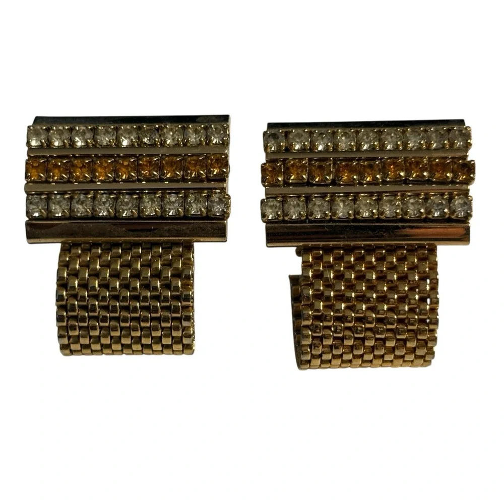 Vintage Cufflinks Yellow & Clear Rhinestone Gold Tone Mesh Wrap Around MCM Retro